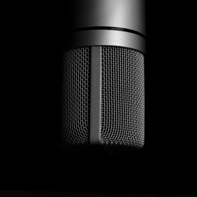 Detailed close-up shot of a metallic studio microphone on a black background, emphasizing sound recording equipment.
